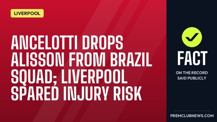 Ancelotti drops Alisson from Brazil squad; Liverpool spared injury risk