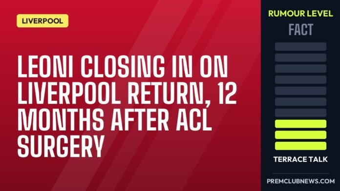Leoni closing in on Liverpool return, 12 months after ACL surgery